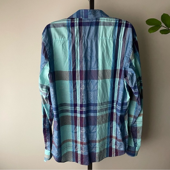 Bugatchi Designer Plaid Dress Shirt Flip Cuff Long Sleeve Button Down Mens - Picture 2 of 7
